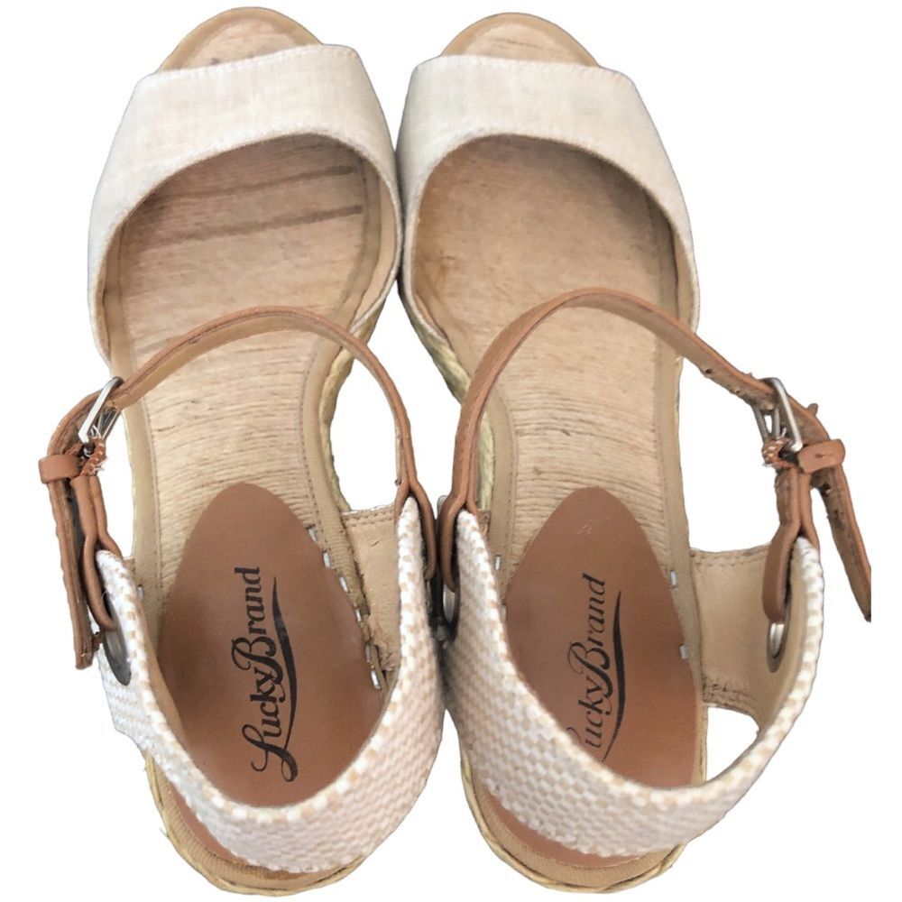 Lucky Brand Women’s Wedge Sandals Size 9 Beige Espadrille Ankle Strap Peep Toe - Picture 7 of 13